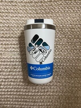 Columbia White Travel Tumbler with Blue Accent and Multicolor Logo